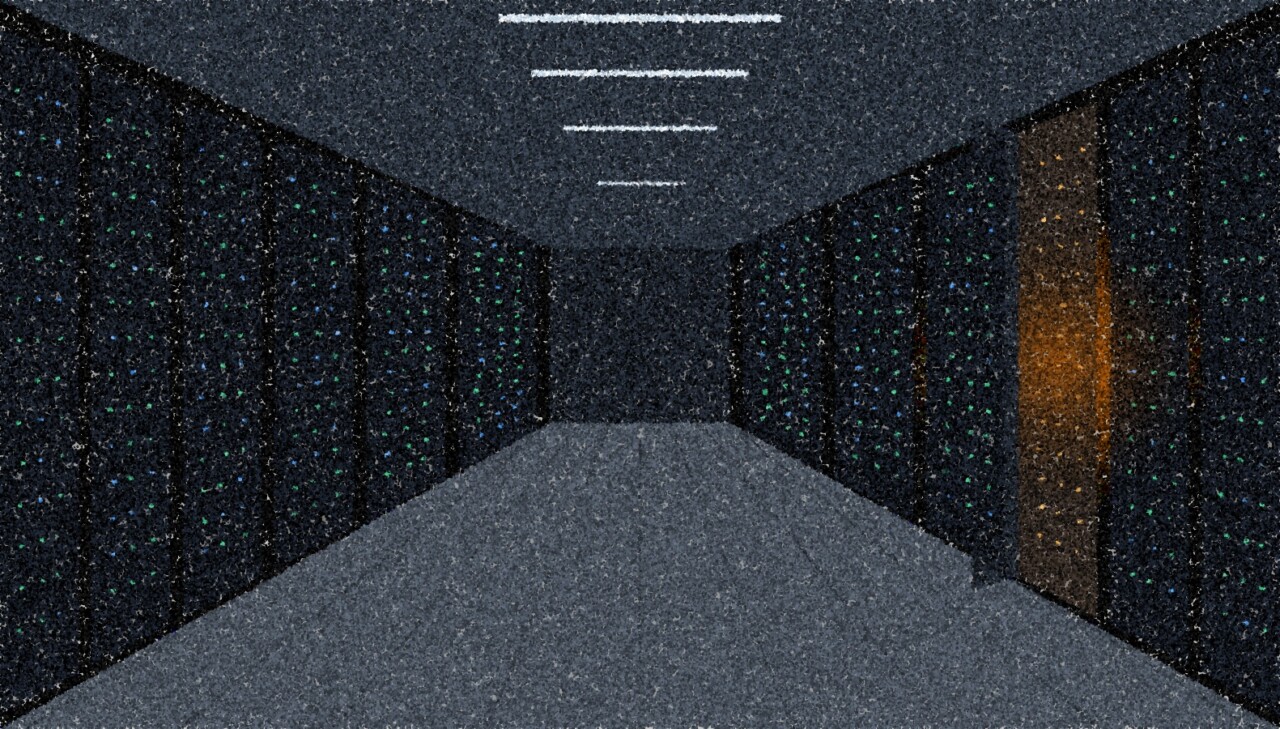 A pointillist illustration: a server room corridor with tall black racks and rows of small green and blue lights, one rack door open with an amber glow inside.