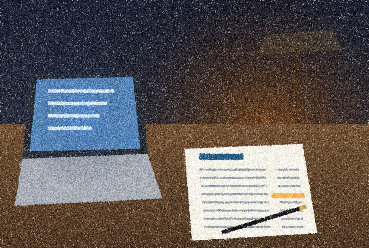 A pointillist illustration: a kitchen table at night with a laptop, a paper bank statement and a pen, a small amber reading lamp lighting the page.