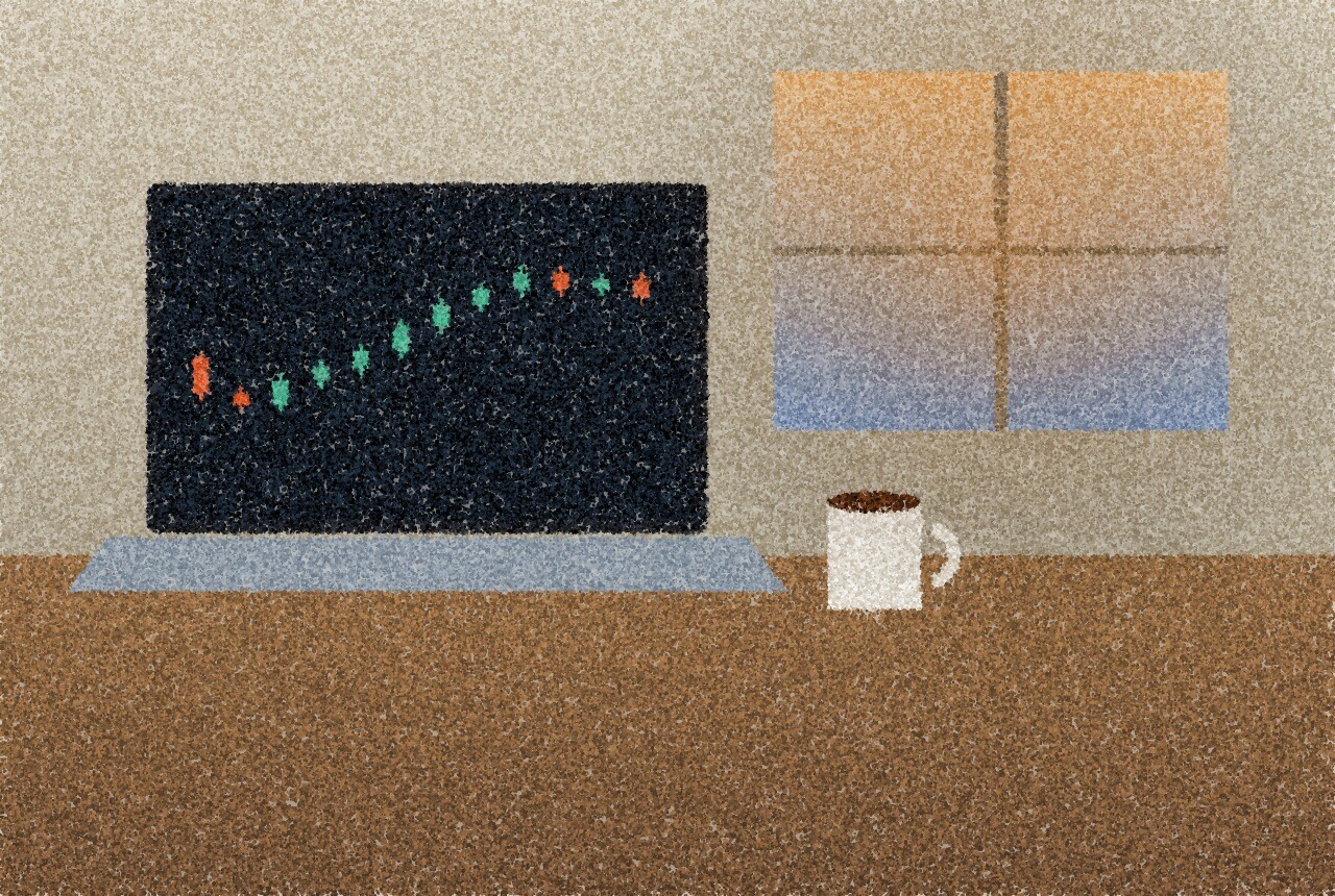 A pointillist illustration: a laptop on a kitchen table showing a price chart, a mug of coffee and a window at dawn.