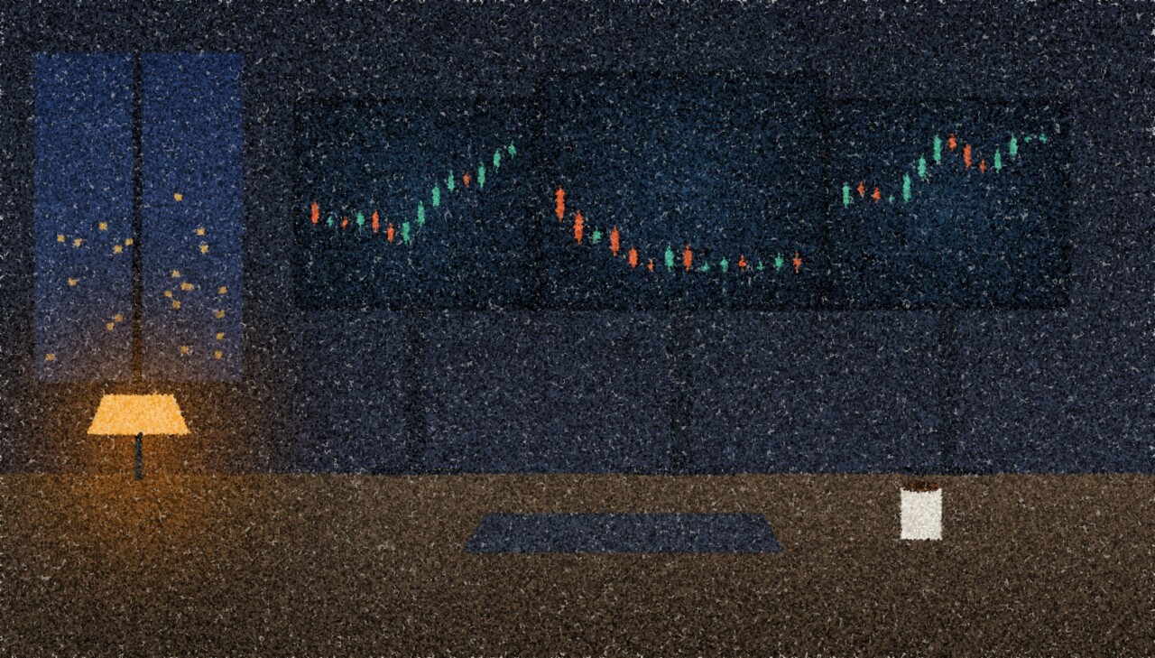 A pointillist illustration: a desk at night with three monitors showing red and green price bars, a keyboard and a mug, a small amber desk lamp and a window of city lights.
