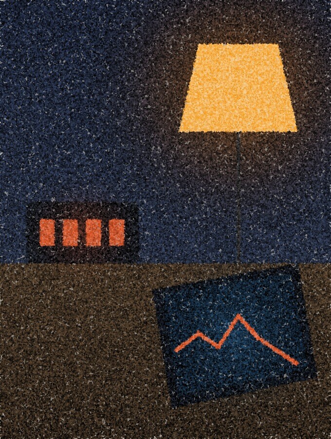 A pointillist illustration: a smartphone on a bedside table showing a jagged red price line, beside a red digital alarm clock under an amber lamp.