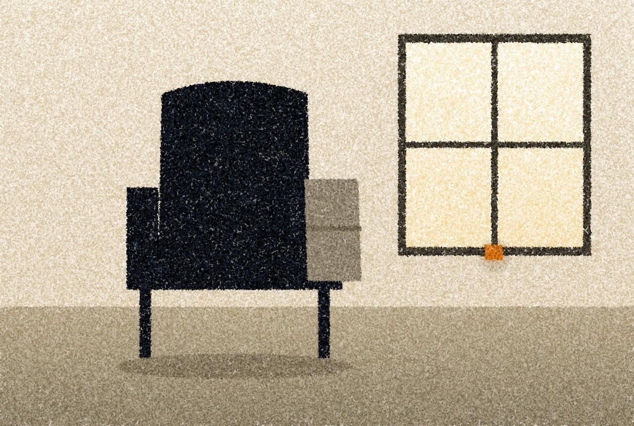 A pointillist illustration: an armchair with a folded blanket over its arm, dark against a pale floor beside a bright window.