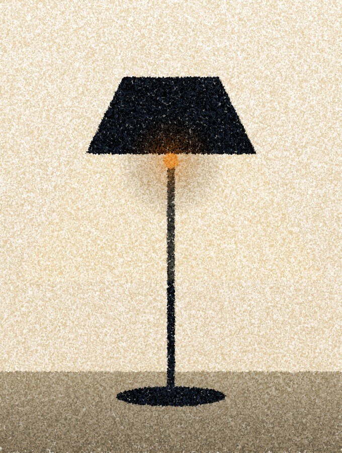 A pointillist illustration: a tall floor lamp with a shaded head standing against a pale wall, its small bulb glowing amber.