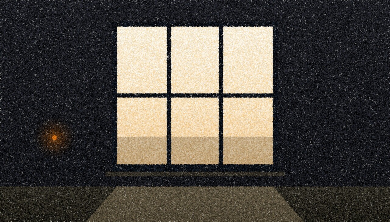 A pointillist illustration: a large window divided into panes, bright with a dawn sky, set in the dark wall of an unlit room.