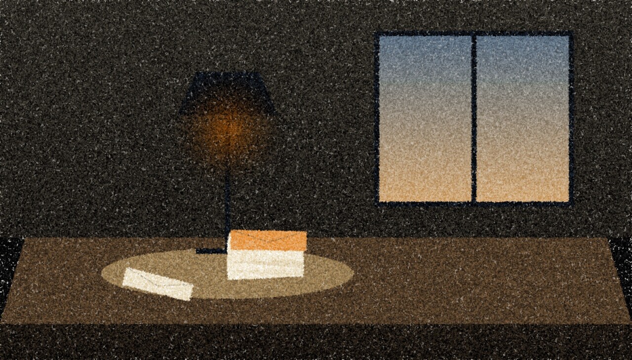 A pointillist illustration: a kitchen table by an evening window, a reading lamp lighting a loose stack of unopened envelopes.