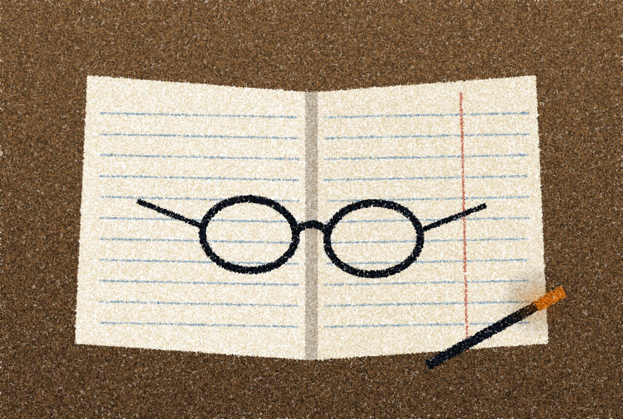 A pointillist illustration: a pair of reading glasses resting on an open ledger with ruled lines, beside a pen on a wooden desk.