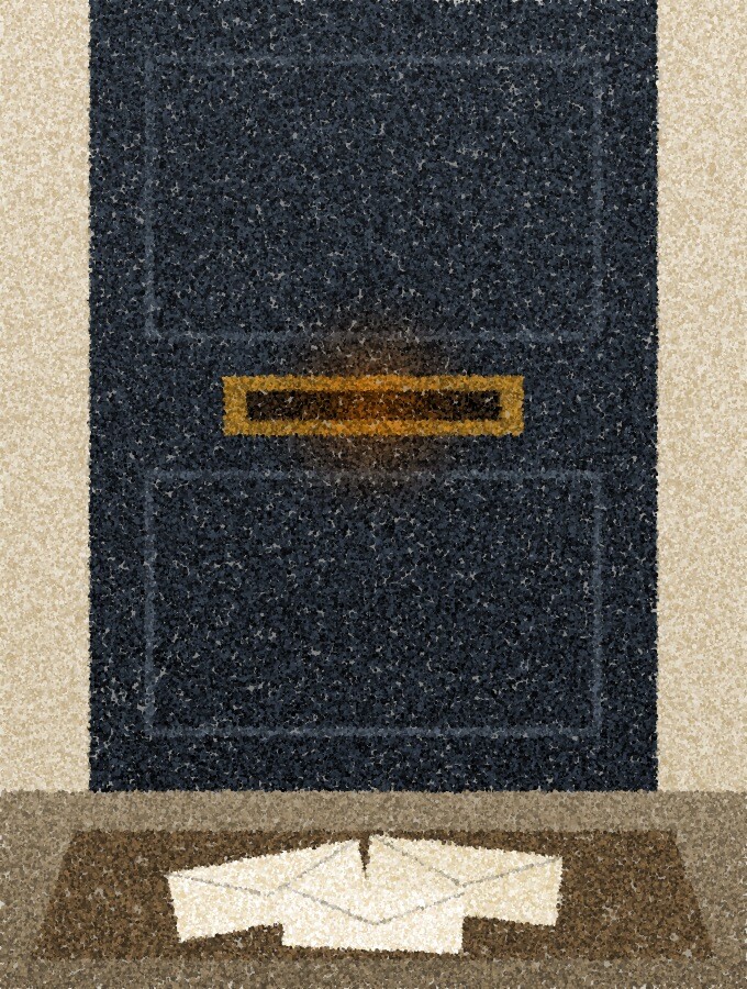 A pointillist illustration: the lower half of a front door with a brass letterbox slot, envelopes scattered on the mat below.