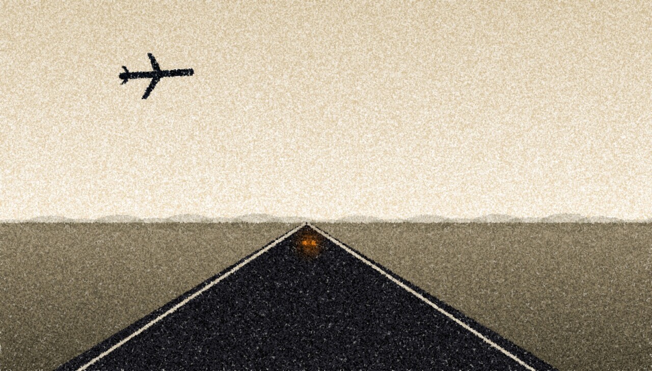 A pointillist illustration: an empty highway running straight to the horizon under a pale evening sky, with a small aircraft silhouette high above and a pair of amber tail lights far down the road.