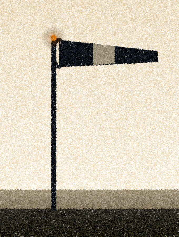 A pointillist illustration: a windsock standing out stiffly from a tall mast against a bright sky, with a small amber lamp at the mast head.