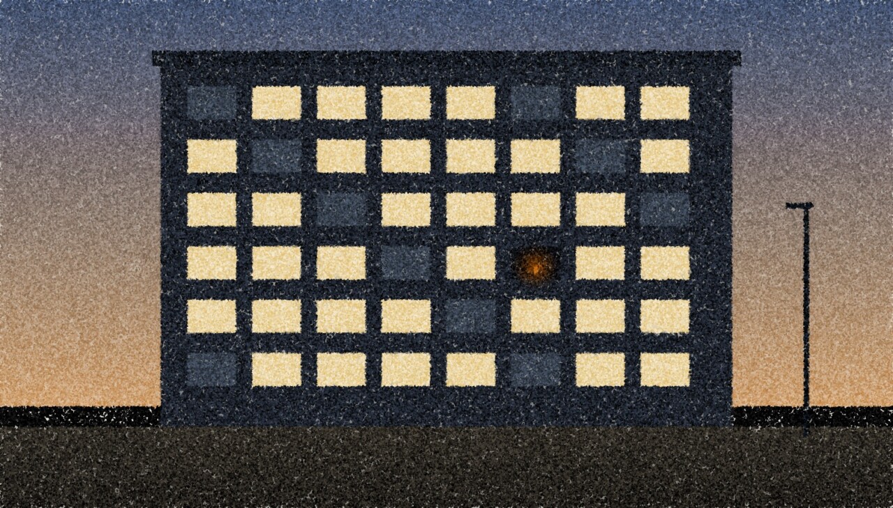 A pointillist illustration: an apartment block at dusk with rows of lit windows, one window dark except for the small amber glow of a candle.