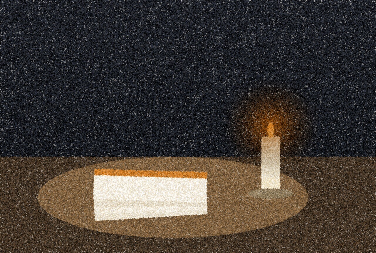 A pointillist illustration: a kitchen table at night with a stack of letters, the top envelope marked with an amber band, beside a single lit candle.