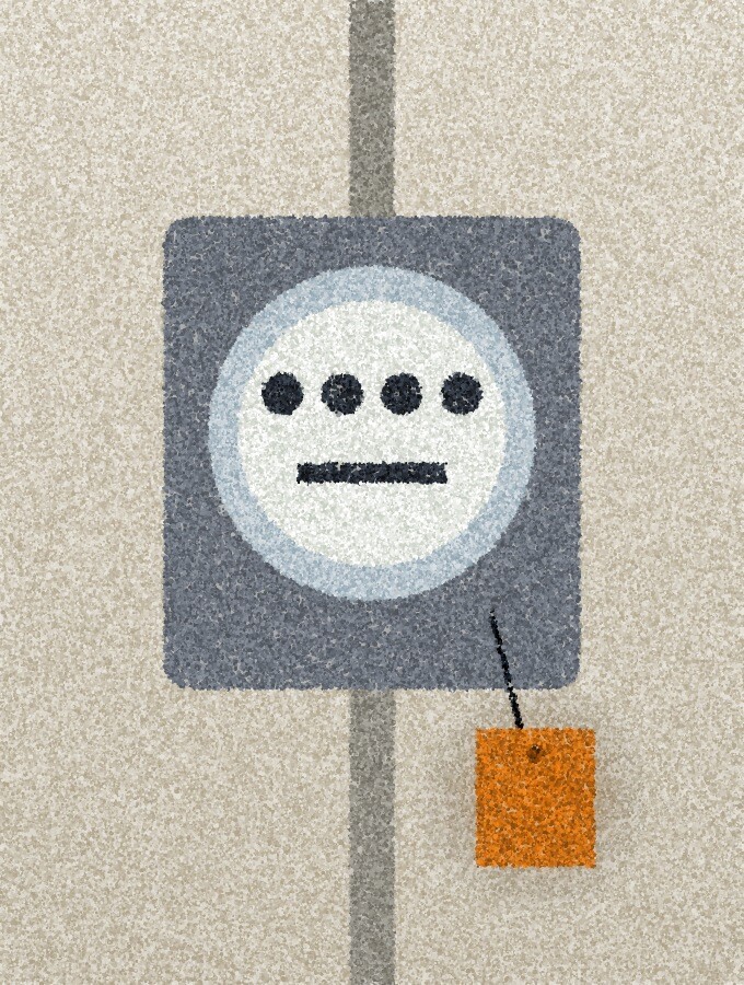 A pointillist illustration: an electricity meter on a pale wall, its dial dark and a small amber tag hanging from it.