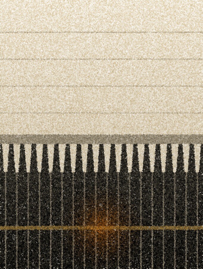 A pointillist illustration: the flat metal comb plate at the top of an escalator, its fine teeth dark against a pale landing floor.