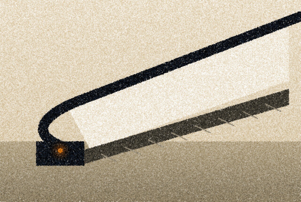 A pointillist illustration: a handrail curving over the newel at the foot of an escalator, beside the first flat steps.