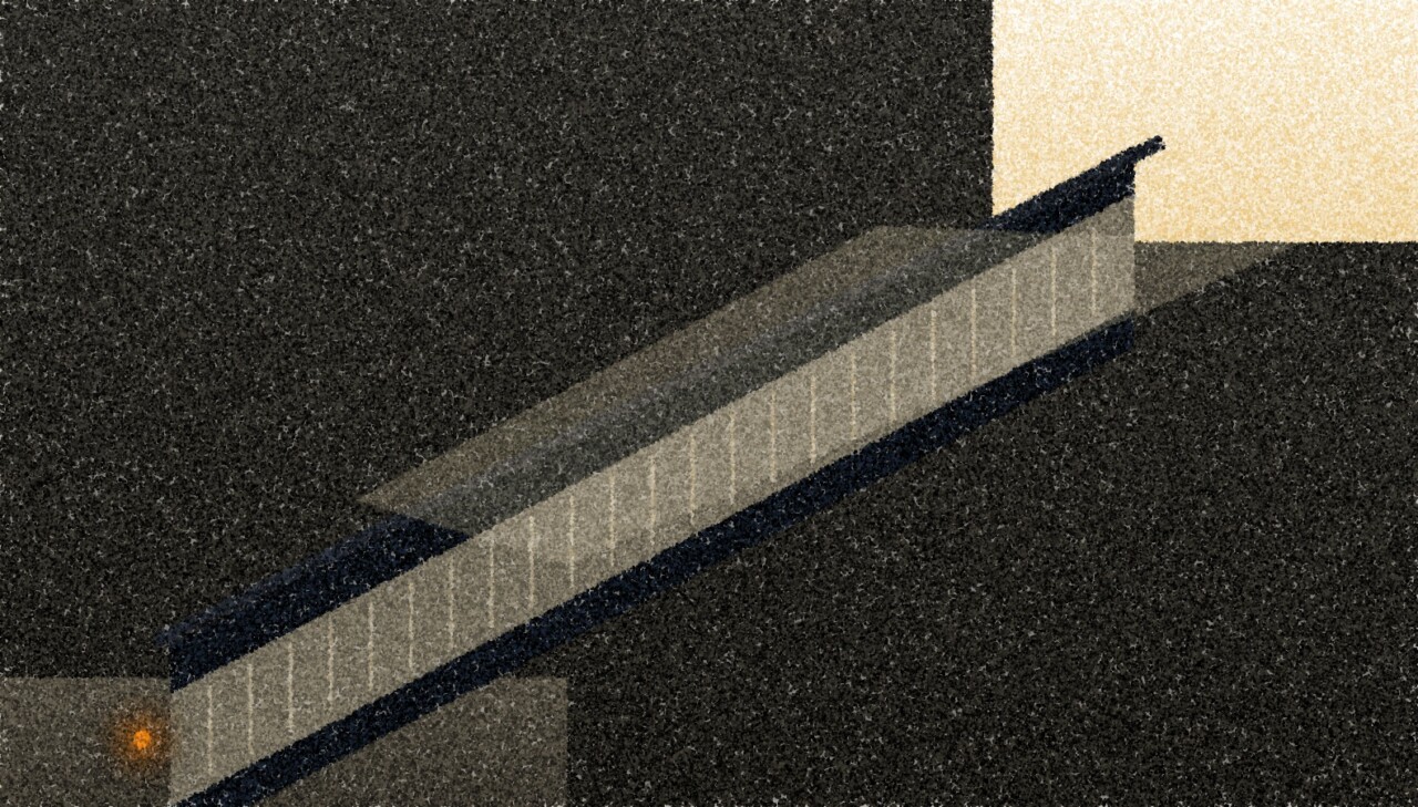 A pointillist illustration: a long escalator rising diagonally through a dim station hall toward a bright opening at the top.