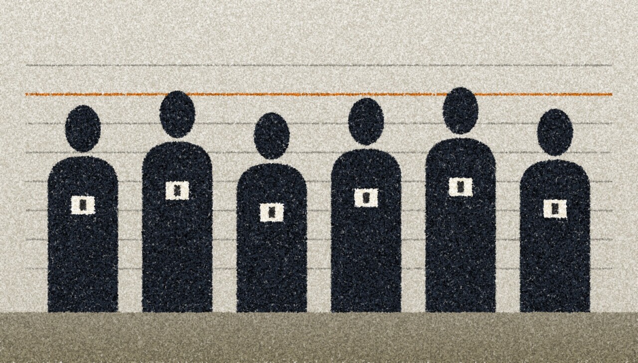 A pointillist illustration: a police lineup wall with horizontal height lines, six dark silhouettes standing in a row, one line marked in amber.