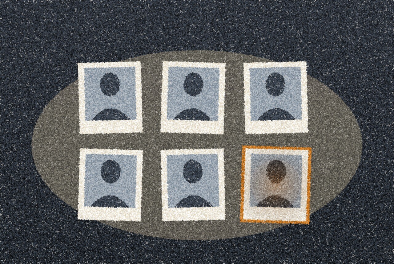 A pointillist illustration: six photograph cards laid in two rows on a dark table, one card edged in amber, under a desk lamp.
