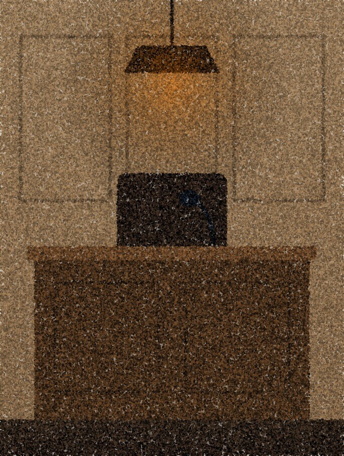 A pointillist illustration: an empty witness stand in a courtroom, a wooden chair behind a low rail with a microphone, a single amber lamp above.