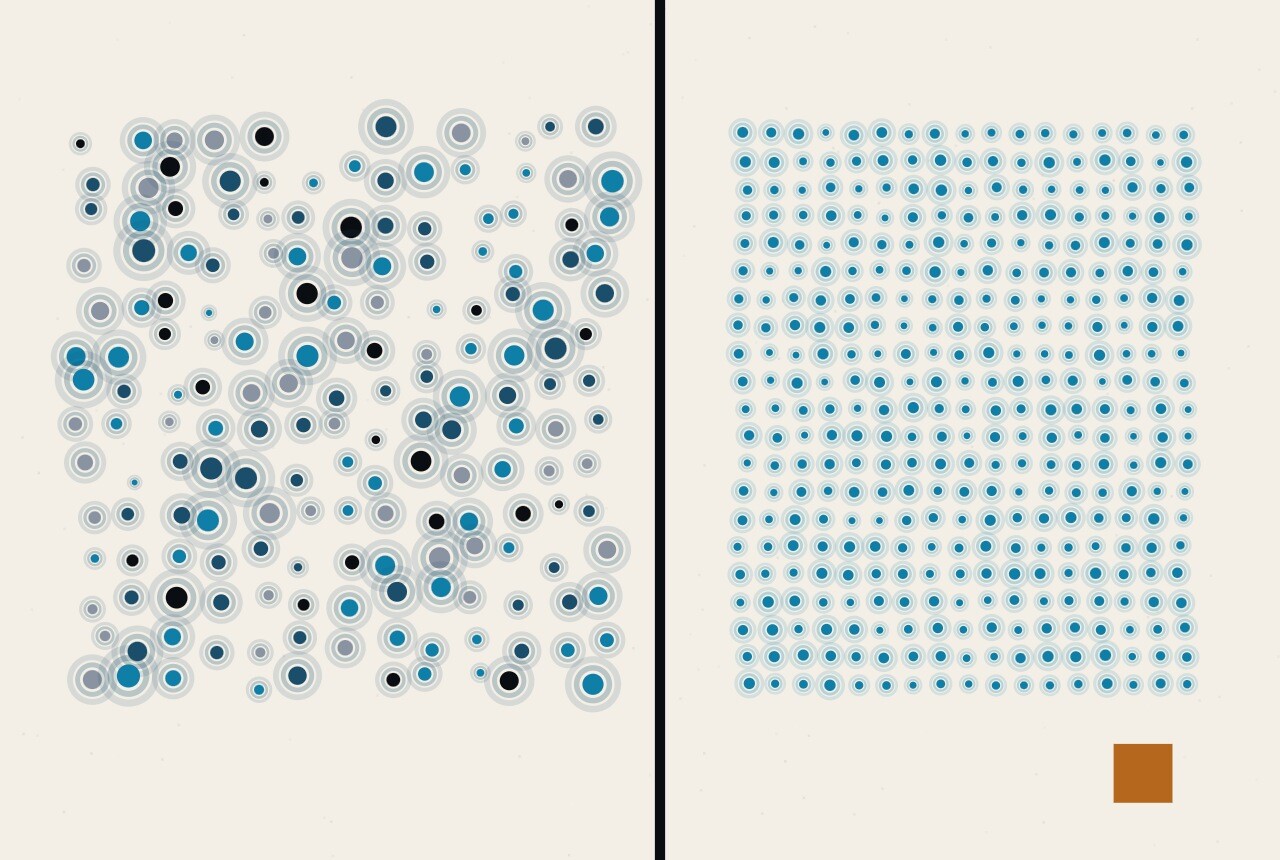 An abstract illustration in dots and straight lines: on the left a loose, irregular scatter of dots in several blues and greys; on the right, beyond a vertical rule, a tight, even grid of dots in a single colour.