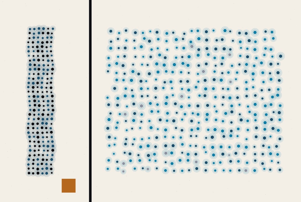 An abstract illustration in dots and straight lines: a broad block of blue dots on the right and, separated from it by a clear gap and a vertical rule, a thin dark strip of densely packed dots on the left.
