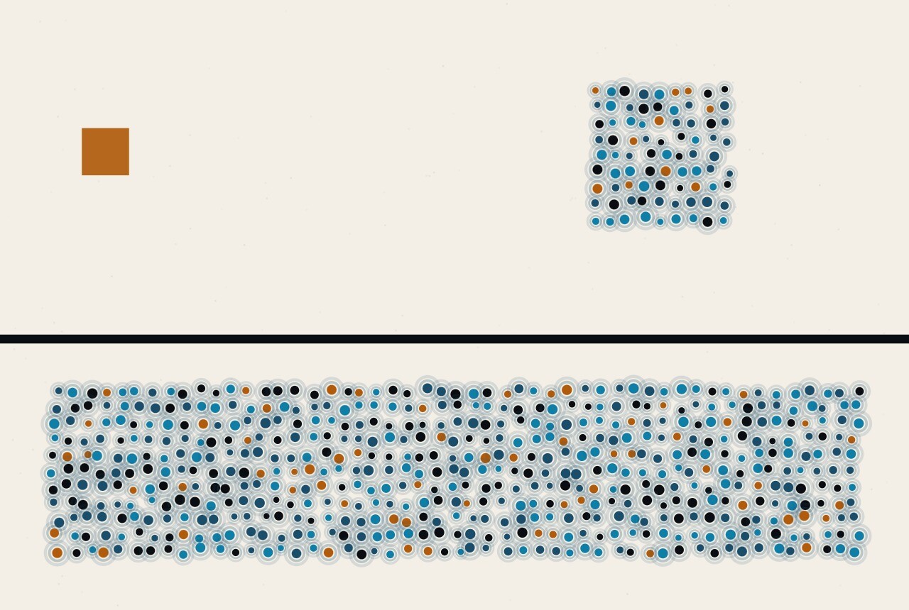 Abstract composition in dots and ruled lines: a wide dense band of dots along the foot of the frame and a small dense square of dots high above it, separated by a long horizontal rule.