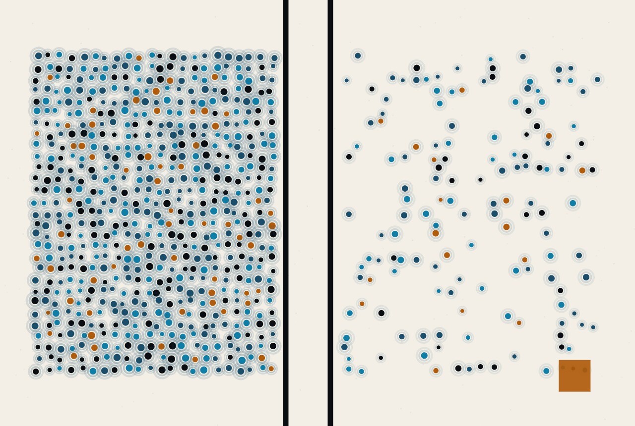Abstract composition: two horizontal rules a short distance apart, with a dense field of dots collapsing to almost nothing in the gap between them.