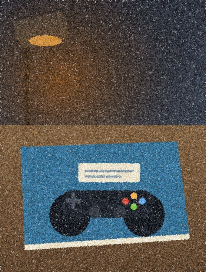 A pointillist illustration: a game controller resting on a closed school exercise book on a desk, lit by a small amber desk lamp.