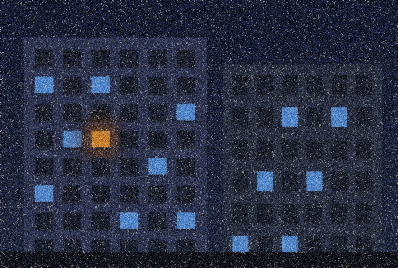 A pointillist illustration: a city apartment block at night seen from outside, most windows dark, a few glowing blue from screens and one amber.