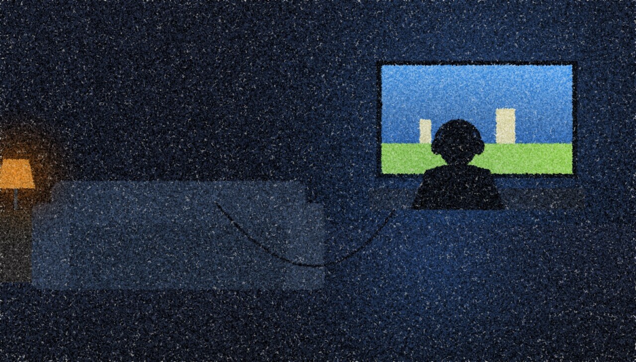 A pointillist illustration: a darkened living room at night, a teenager in headphones sitting on the floor in silhouette against a large glowing screen, a sofa behind and one small amber lamp on a side table.