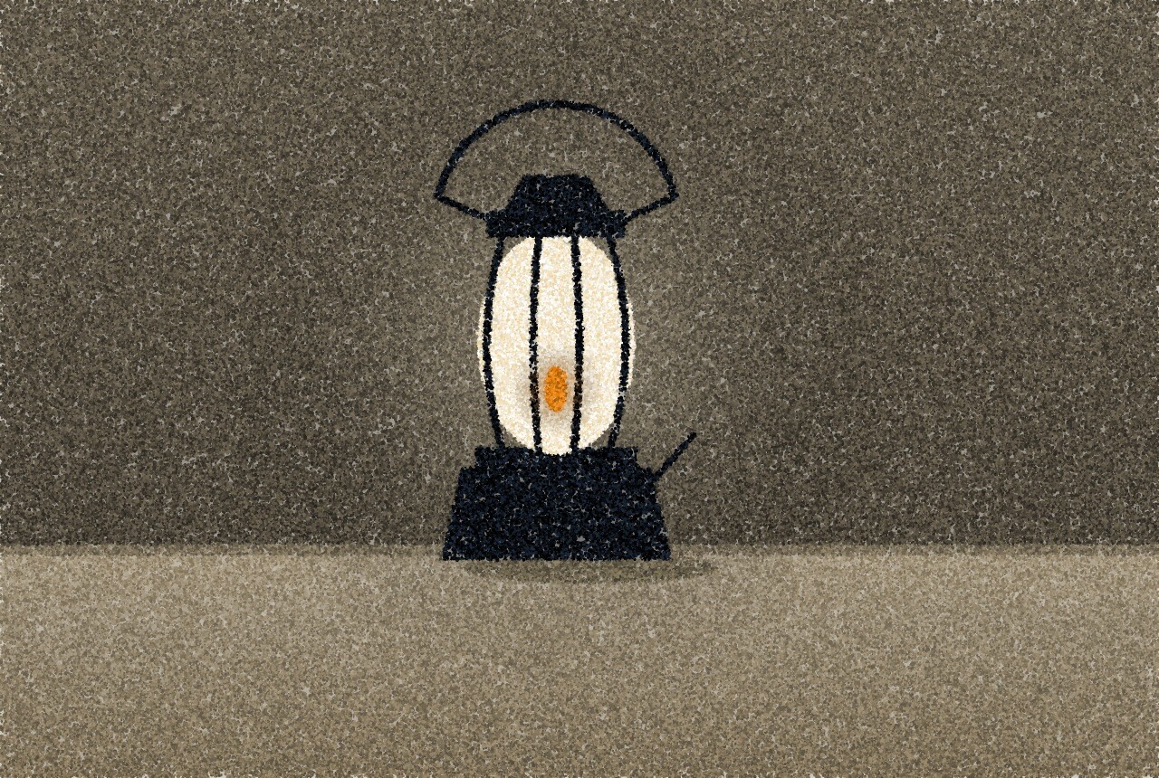 A pointillist illustration: a lit storm lantern with a wire guard and a small flame, standing on a sill in a dim room.