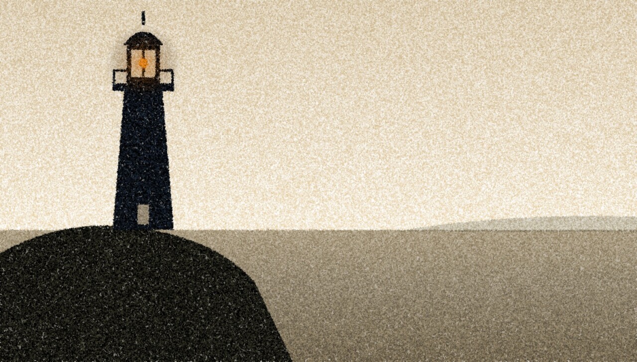 A pointillist illustration: a lighthouse with its lamp lit, standing on dark rocks above a calm sea under a bright evening sky.