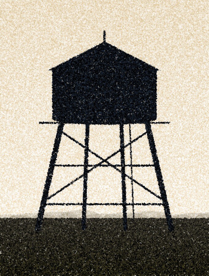 A pointillist illustration: a water tower on four splayed legs, silhouetted against a pale sky above dark ground.