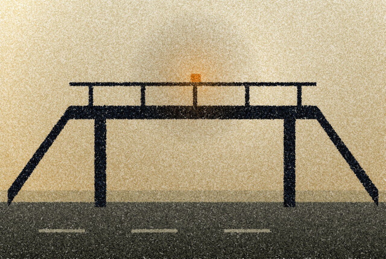 A pointillist illustration: a footbridge in silhouette against a bright sky, its two ramps coming down to an empty road