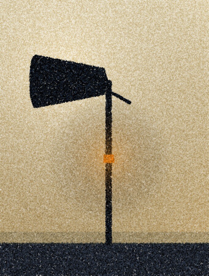 A pointillist illustration: a horn loudspeaker mounted on a plain pole, in silhouette against a bright evening sky