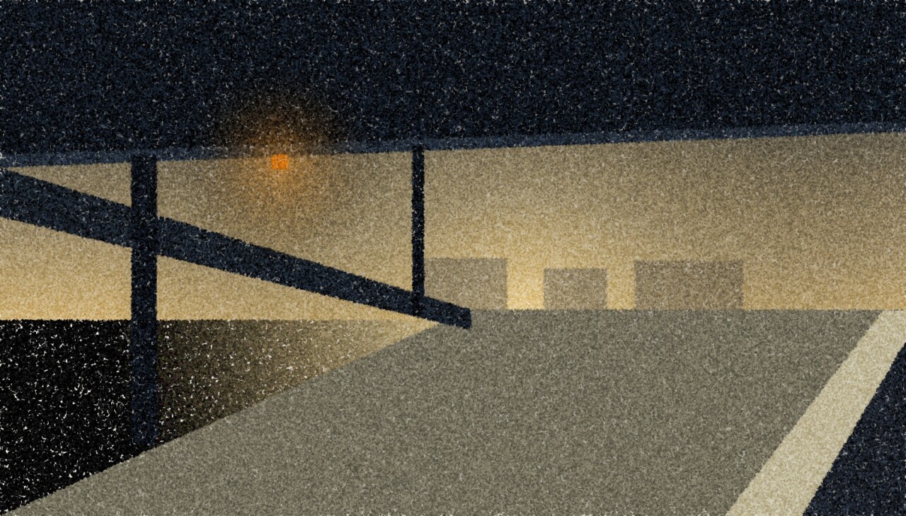 A pointillist illustration: a covered railway platform at dusk, the canopy dark overhead and the platform edge running away towards a lit far end