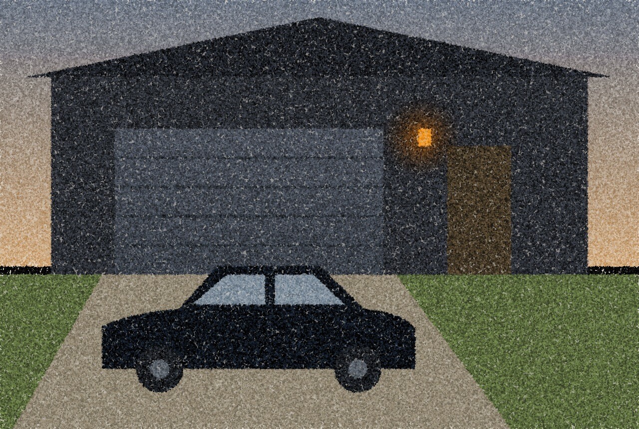 A pointillist illustration: a car parked on a short driveway in front of a garage door at dusk, a porch light glowing beside it.