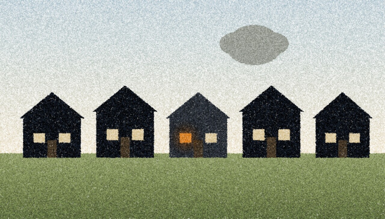 A pointillist illustration: a row of suburban houses under a pale sky, with one small grey cloud drifting over their roofs.