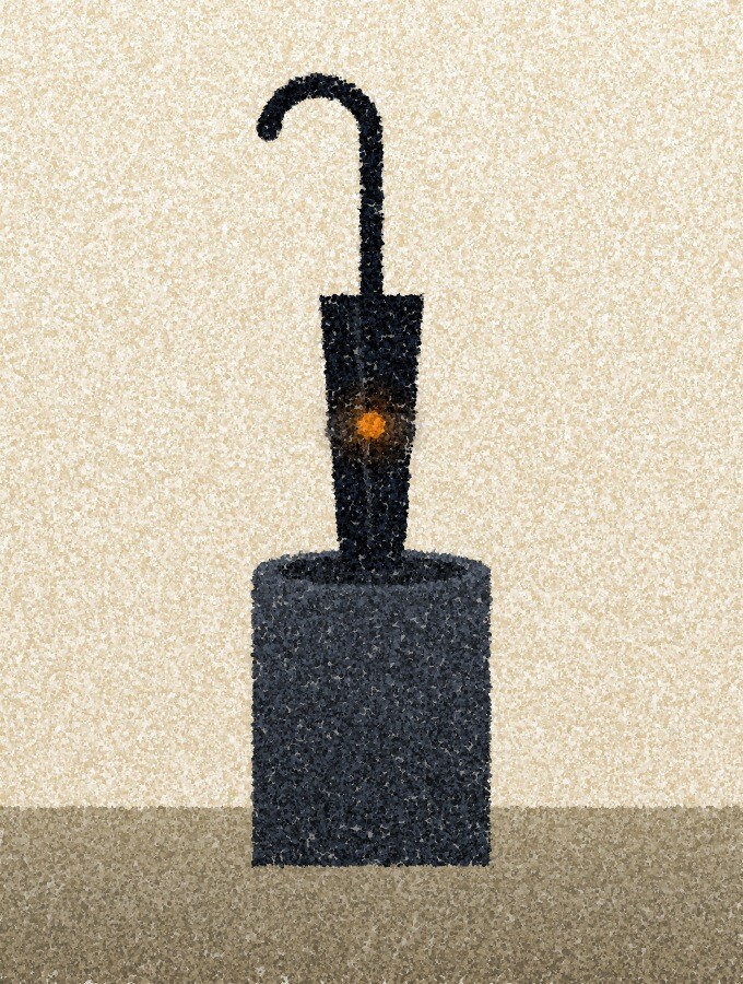 A pointillist illustration: a closed black umbrella standing in a tall umbrella stand beside a pale wall.