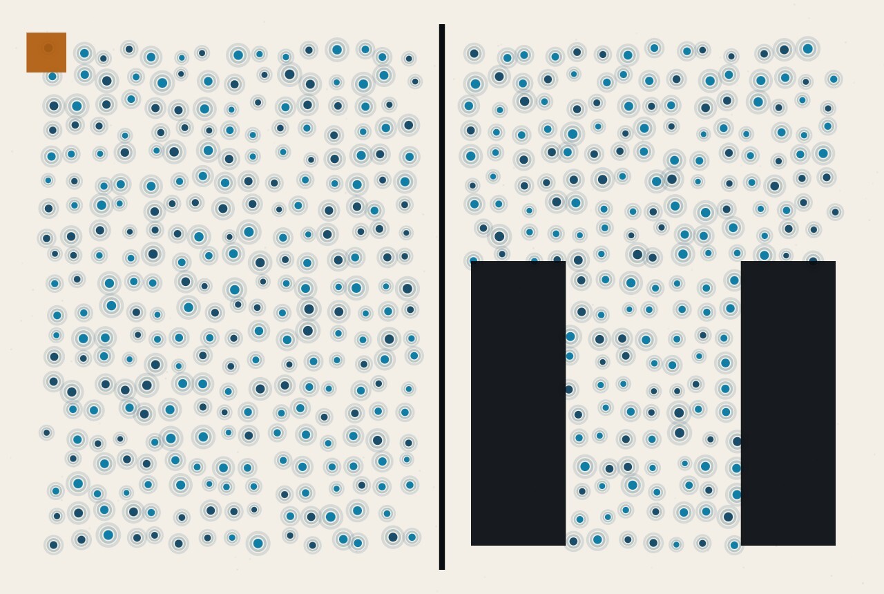 An abstract illustration in dots and straight lines: two identical vertical channels, the second narrowed part-way down.