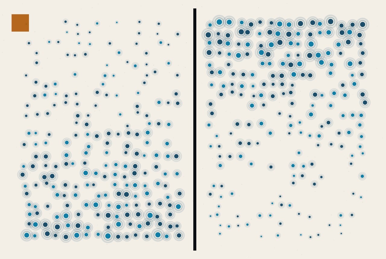An abstract illustration in dots and straight lines: one rectangular field divided into two cells, the left one filling upward and the right one draining downward.