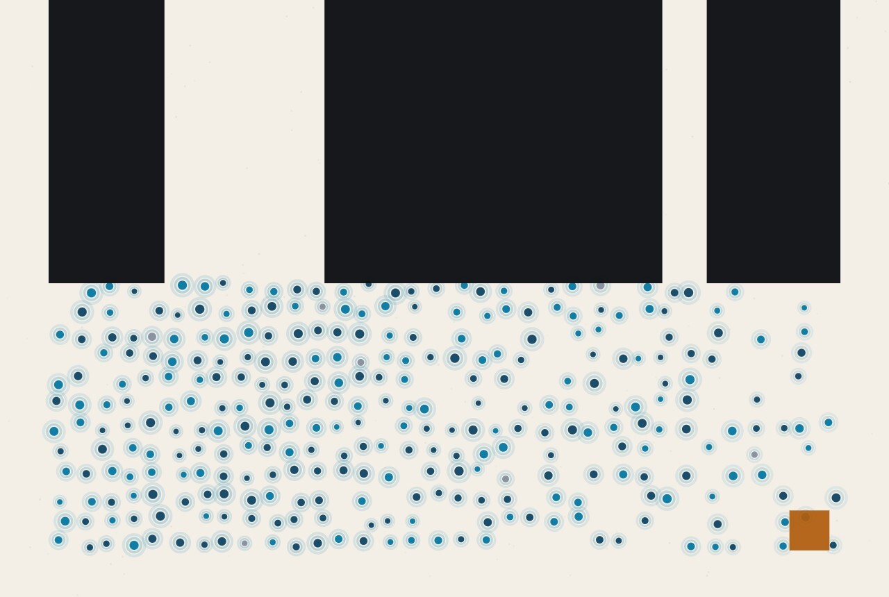 An abstract illustration in dots and straight lines: a dark wall with one wide opening and one narrow opening, and a field of dots spreading below it.