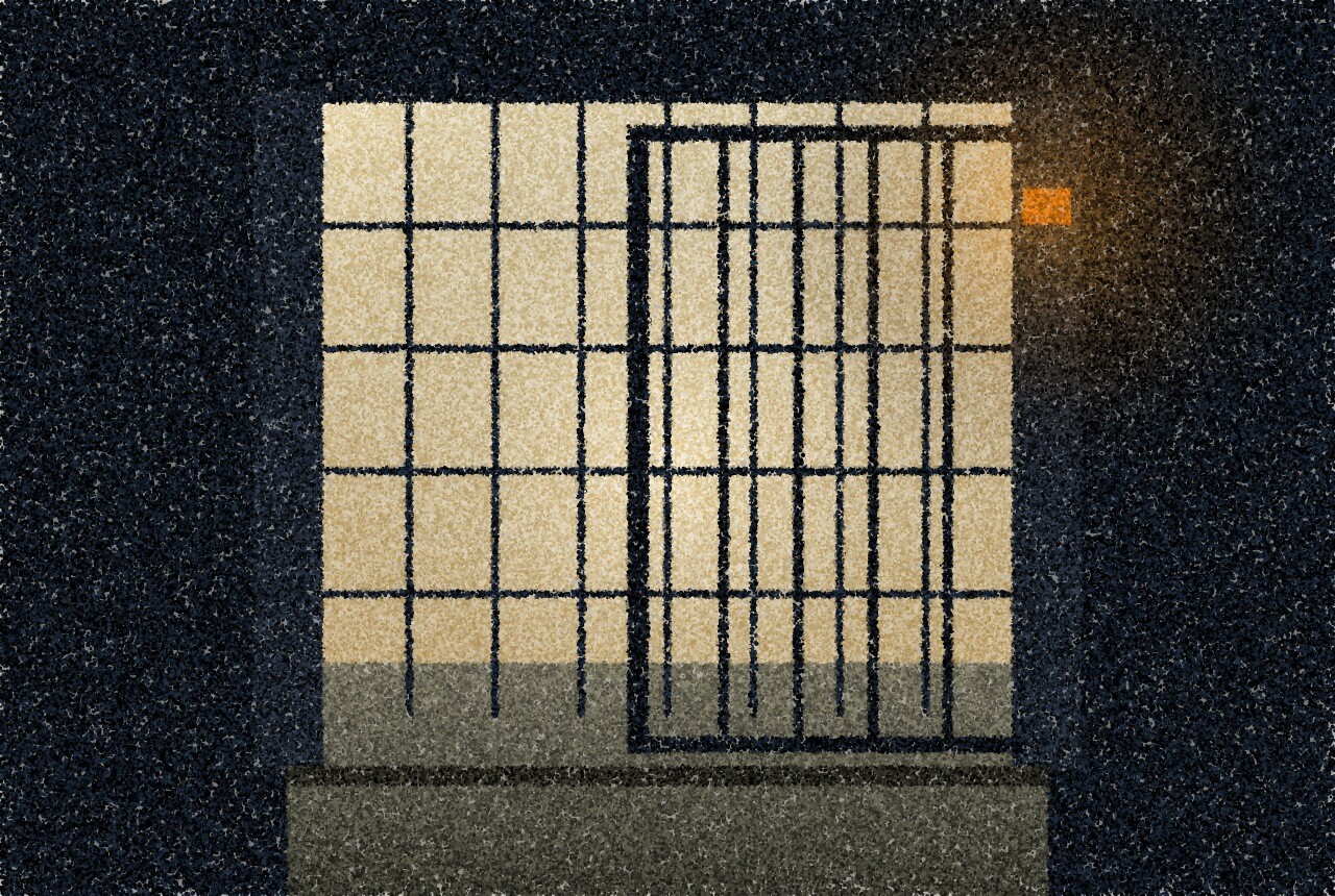 A pointillist illustration: a mesh gate standing part way across an opening in a dark wall, the bright yard showing through the grid