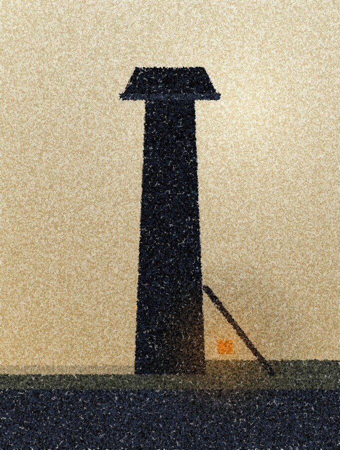 A pointillist illustration: a tall ventilation stack with a cowl, in silhouette against a bright evening sky above a low roofline