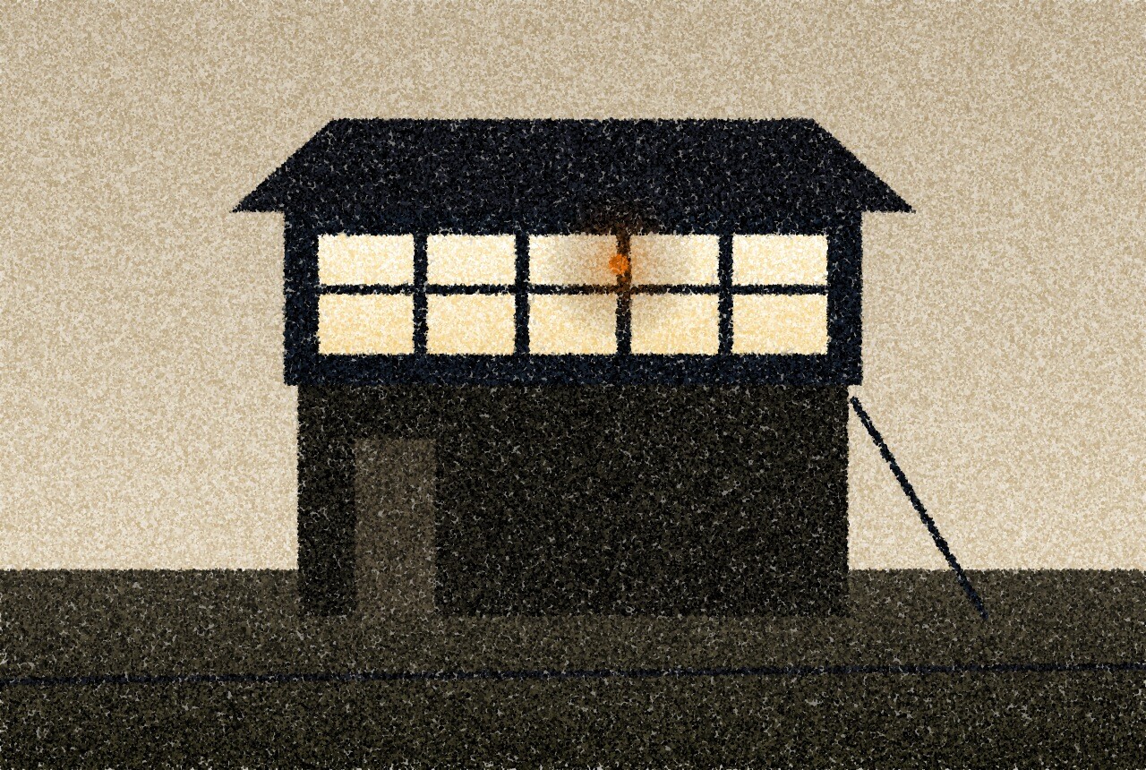 A pointillist illustration: a small signal cabin at dusk, its dark lower storey and roof framing a long band of warmly lit, divided windows, with one amber lamp inside.