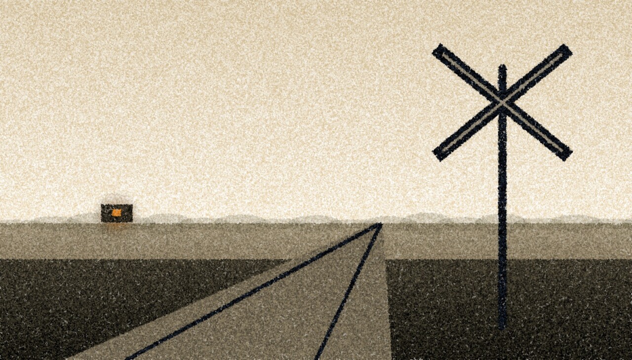 A pointillist illustration: a railway crossbuck on its post in the foreground, two rails running across dark ground to the horizon under a pale evening sky, and a single lit window on a distant building.