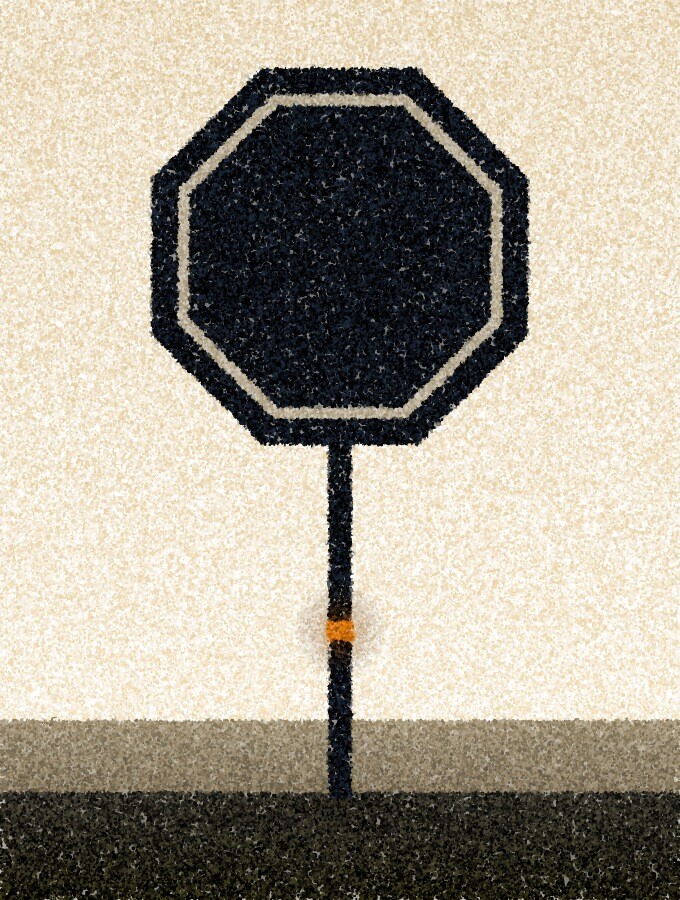 A pointillist illustration: an octagonal road sign with no lettering, dark against a pale sky on a single post, with a small amber reflector low on the post.