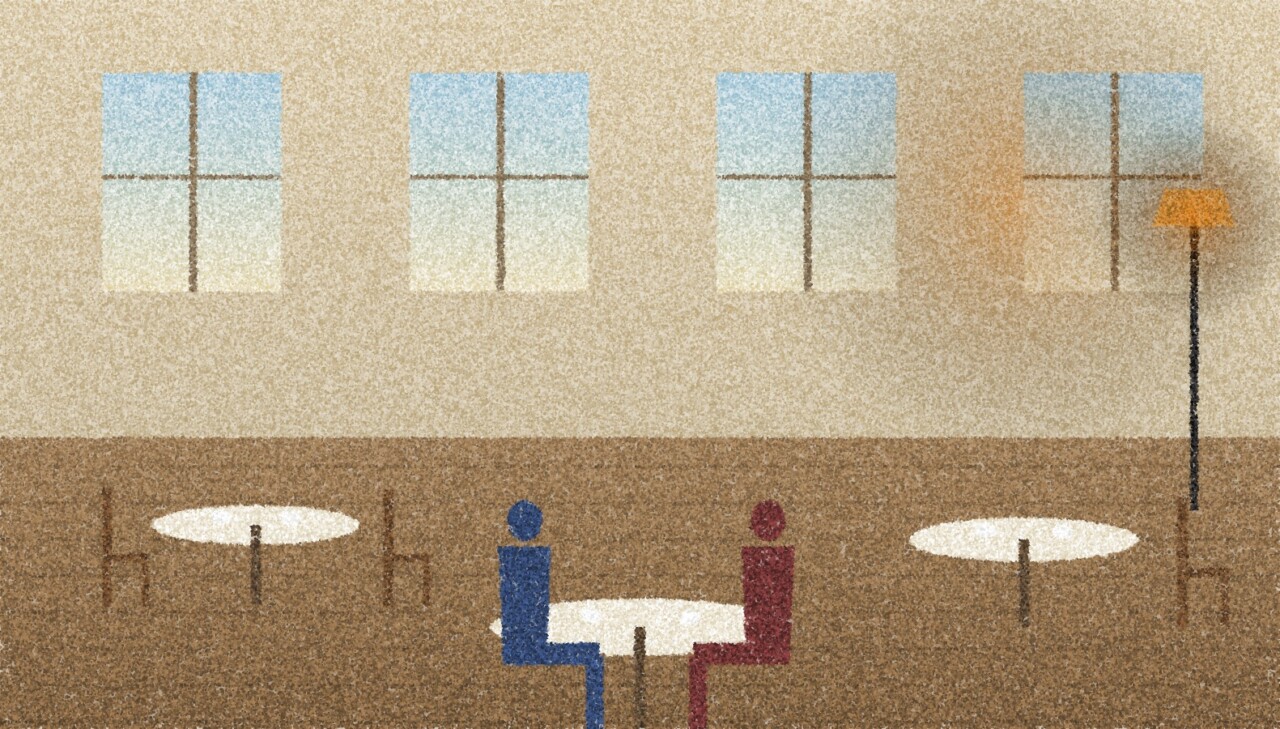 A pointillist illustration: a community hall in the afternoon with a few round tables, teacups and chairs, two people talking at one table and a single amber lamp by the window.