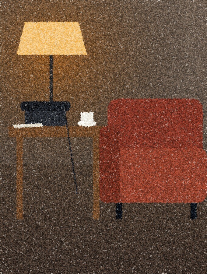 A pointillist illustration: an old corded telephone on a small table beside an armchair, a folded newspaper and a cup of tea, lit by a warm amber lamp.