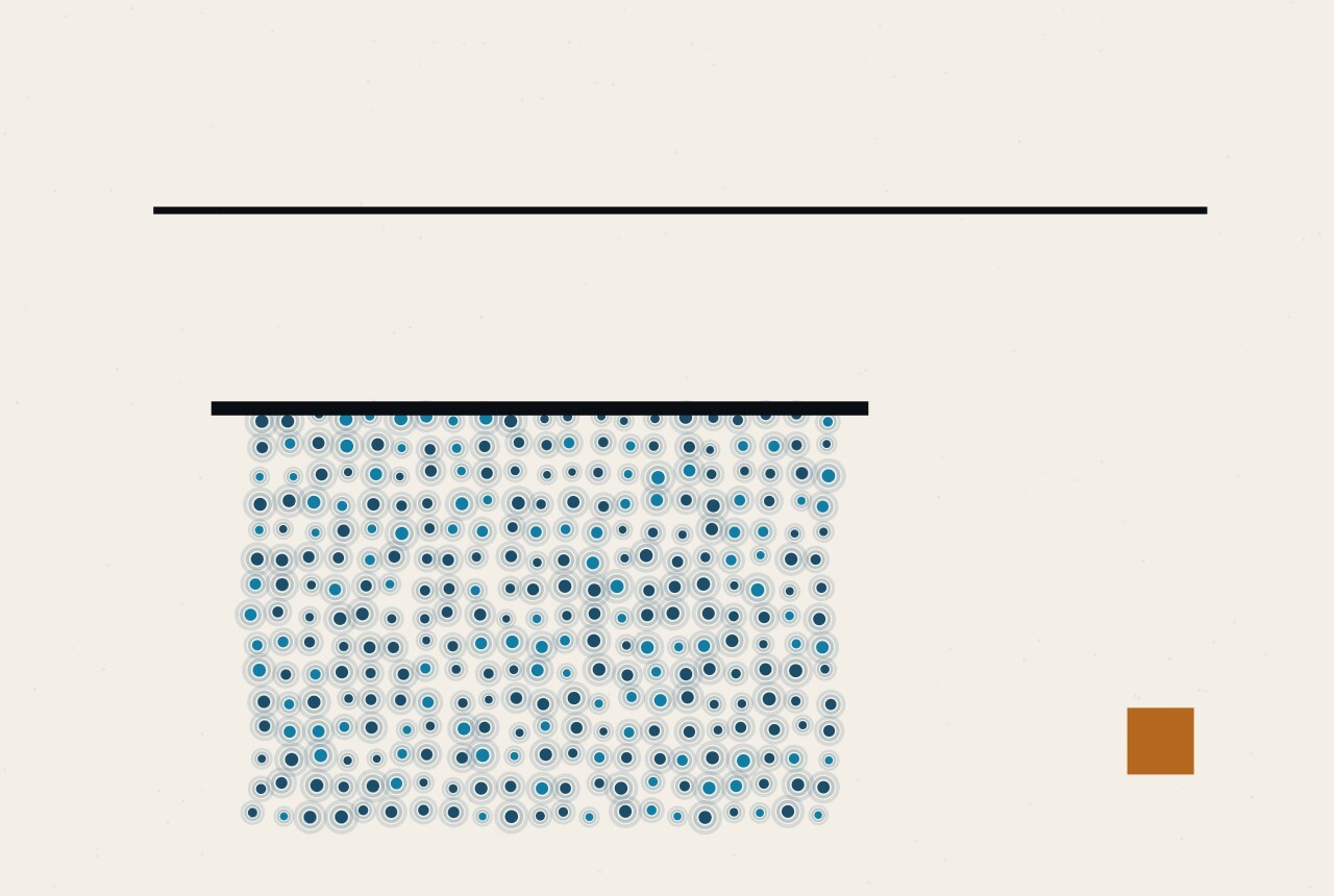 An abstract illustration in dots and straight lines: a tall vertical bar capped by a short horizontal rule, with a second longer rule floating above it, unattached.