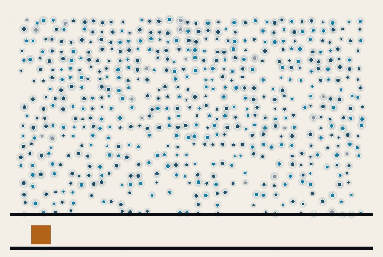 An abstract illustration in dots and straight lines: a wide field of colour with one small square lit at its lower edge.